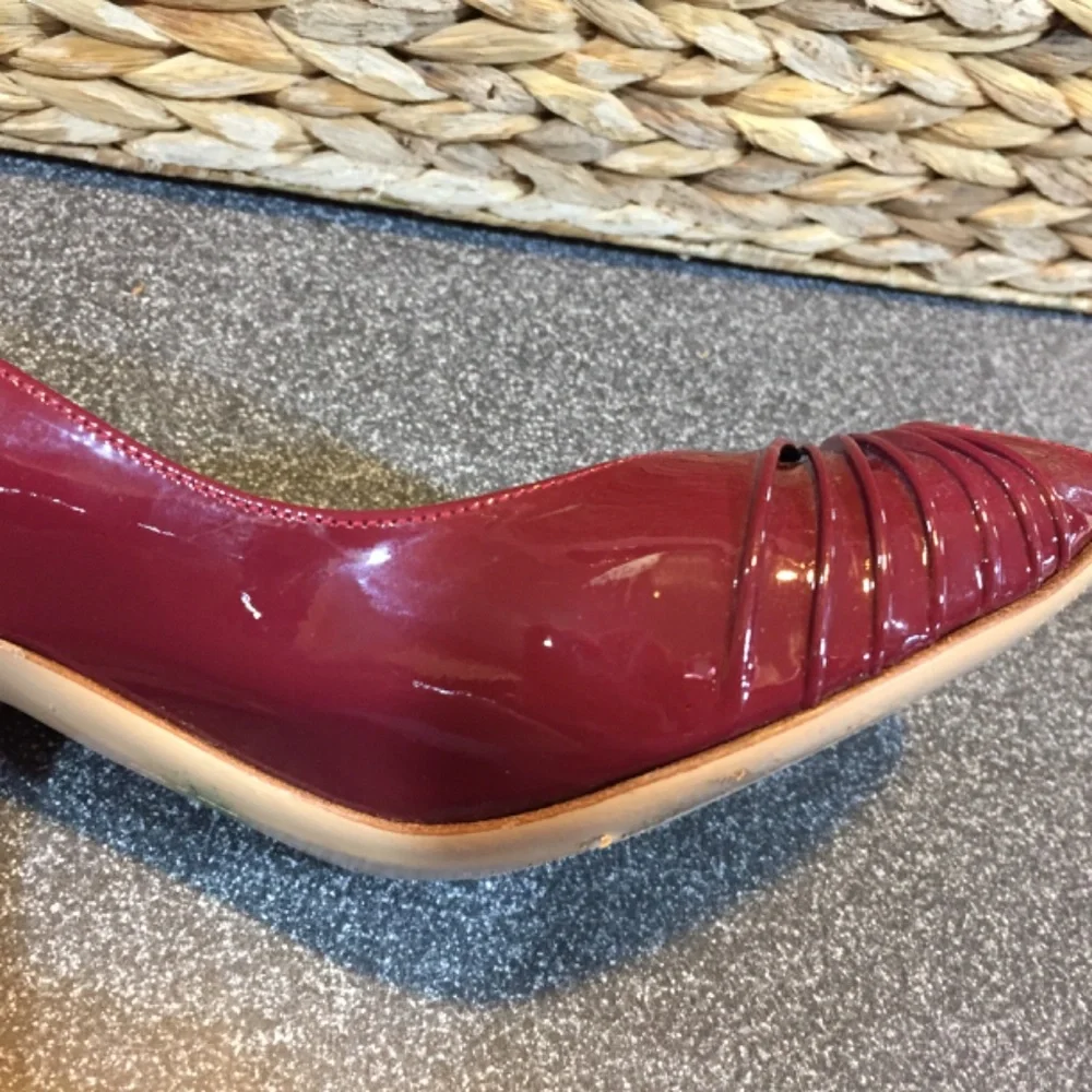 Salvatore Ferragamo Burgundy Patent Peep-Toe Heels with Gold Accent